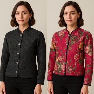 Each & Everything Reversible Quilted Jacket Pink Black Floral & Geo Print Size L